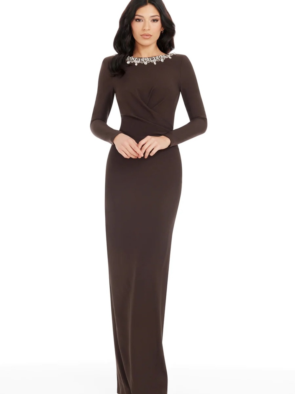 Dress the Population Chocolate Brown Long Sleeve Maxi Gown with Jeweled Neckline